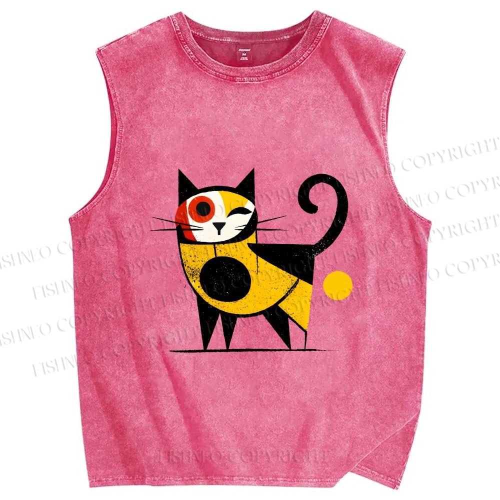Unisex Geometric Cat Printed Washed Tank Top