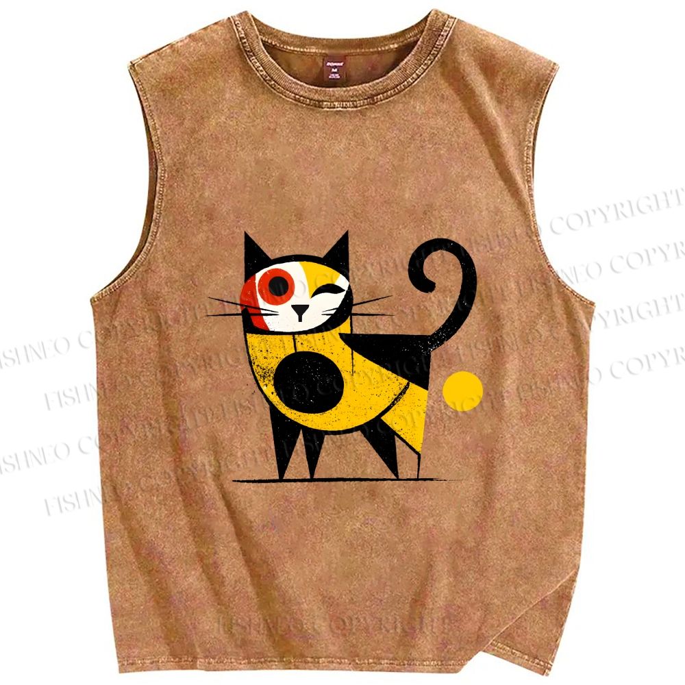 Unisex Geometric Cat Printed Washed Tank Top