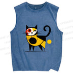 Unisex Geometric Cat Printed Washed Tank Top