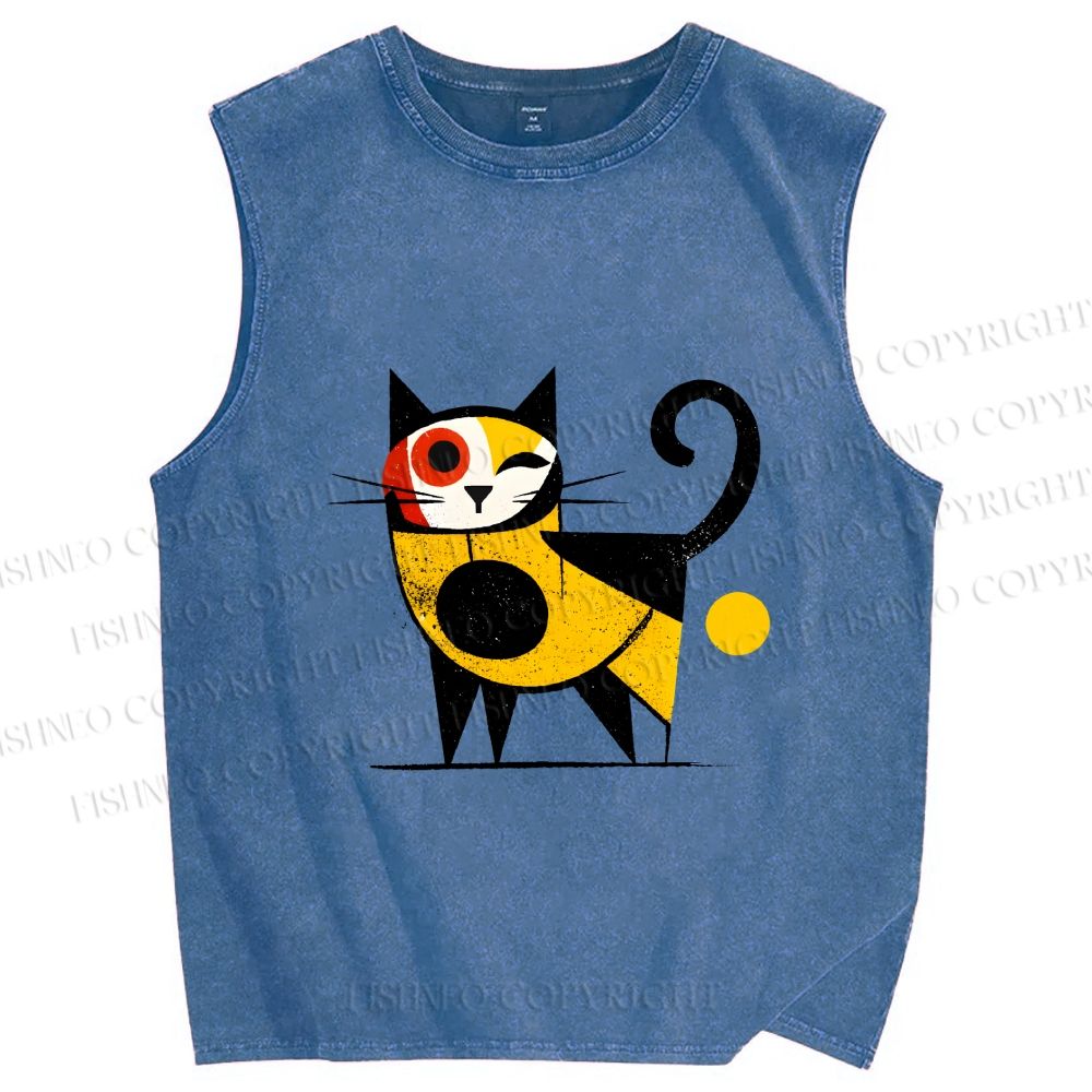 Unisex Geometric Cat Printed Washed Tank Top