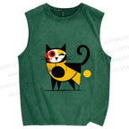 Unisex Geometric Cat Printed Washed Tank Top