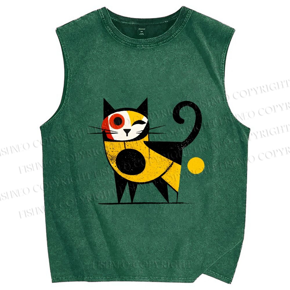 Unisex Geometric Cat Printed Washed Tank Top
