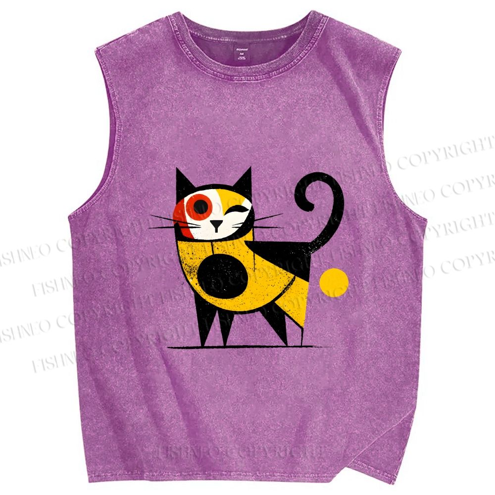 Unisex Geometric Cat Printed Washed Tank Top