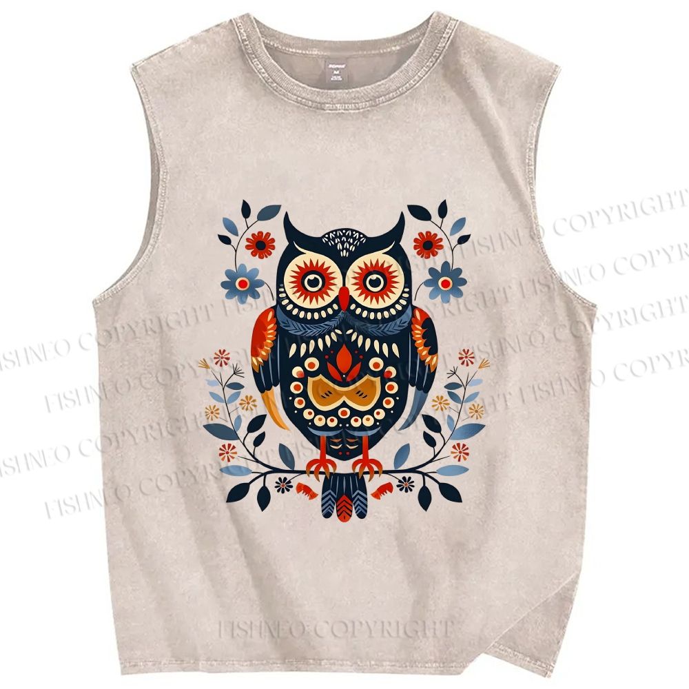 Unisex Ethnic Style Owl Printed Washed Tank Top
