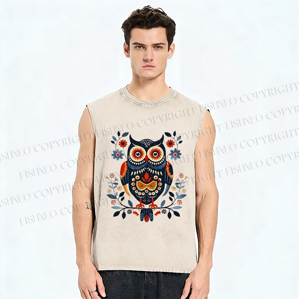 Unisex Ethnic Style Owl Printed Washed Tank Top
