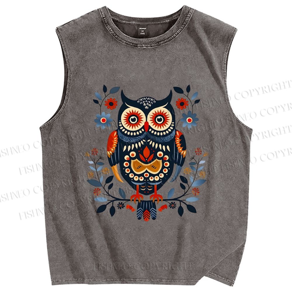 Unisex Ethnic Style Owl Printed Washed Tank Top