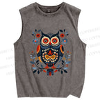 Unisex Ethnic Style Owl Printed Washed Tank Top