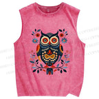 Unisex Ethnic Style Owl Printed Washed Tank Top