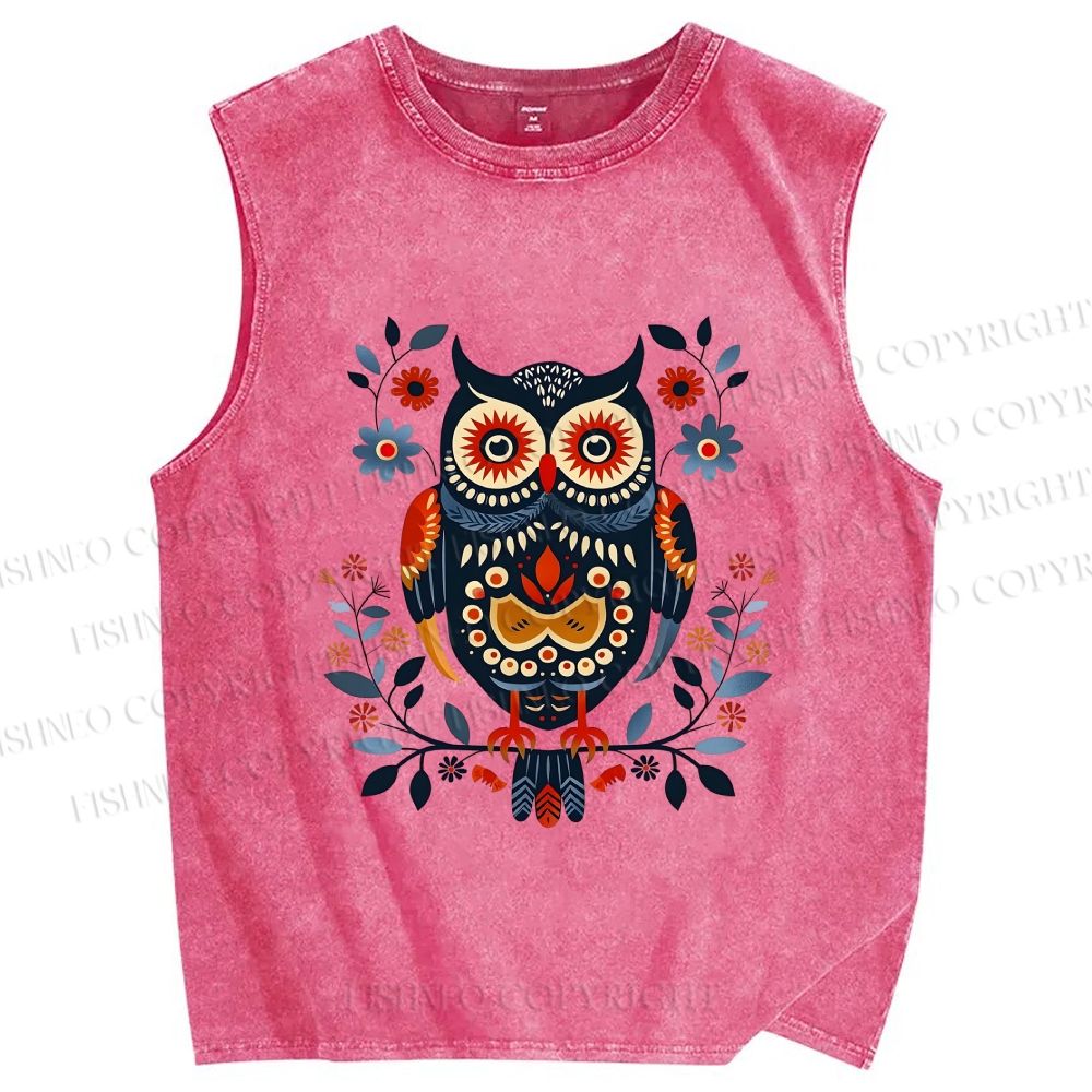 Unisex Ethnic Style Owl Printed Washed Tank Top