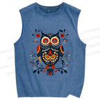 Unisex Ethnic Style Owl Printed Washed Tank Top