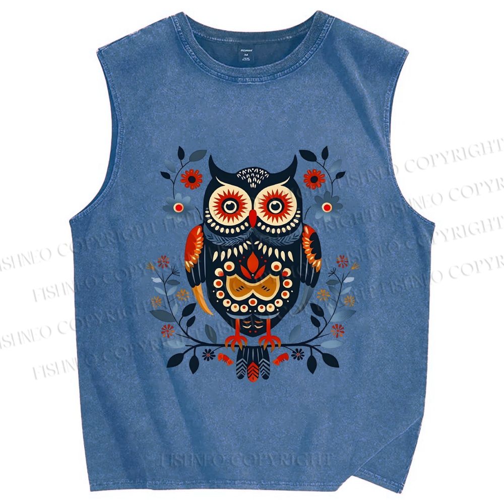 Unisex Ethnic Style Owl Printed Washed Tank Top