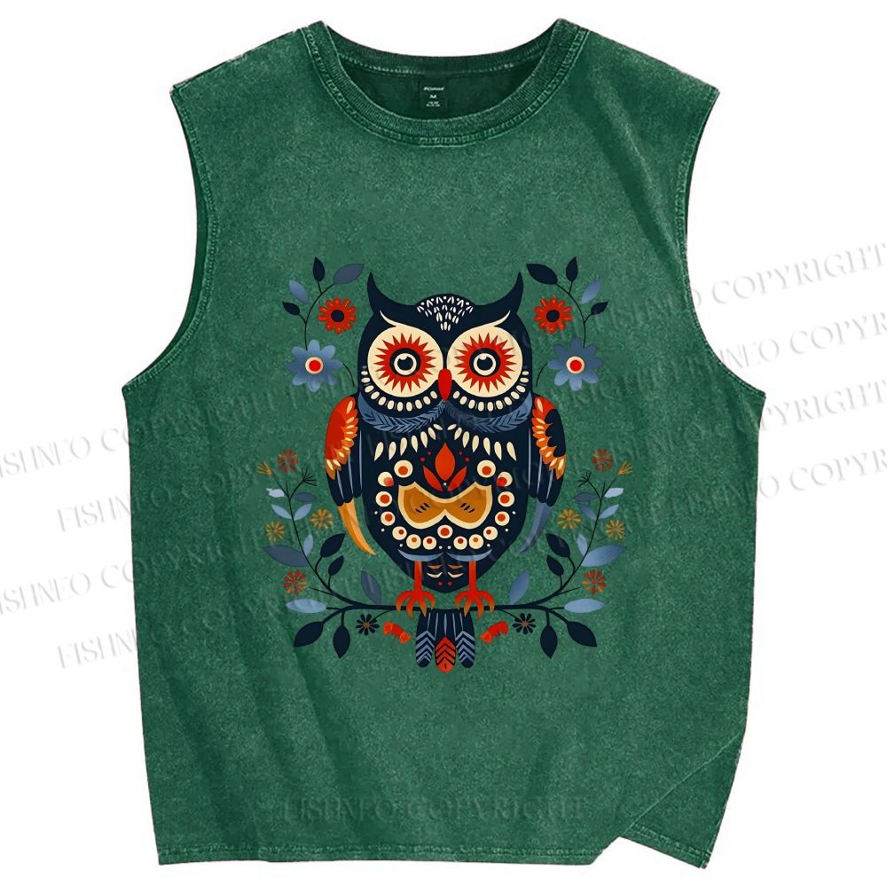 Unisex Ethnic Style Owl Printed Washed Tank Top