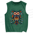 Unisex Ethnic Style Owl Printed Washed Tank Top