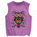 Unisex Ethnic Style Owl Printed Washed Tank Top