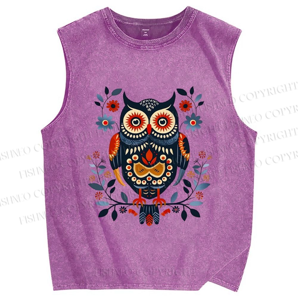 Unisex Ethnic Style Owl Printed Washed Tank Top