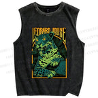 Unisex Green Panther Printed Washed Tank Top