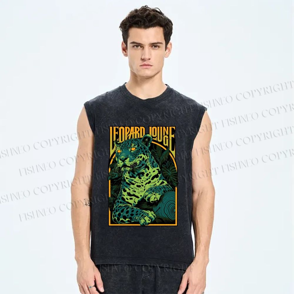 Unisex Green Panther Printed Washed Tank Top