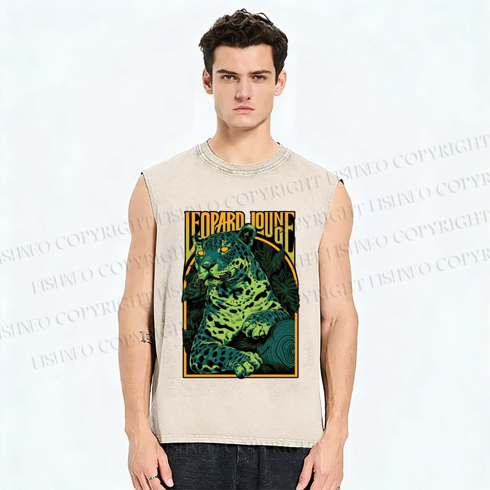 Unisex Green Panther Printed Washed Tank Top