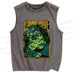 Unisex Green Panther Printed Washed Tank Top
