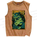 Unisex Green Panther Printed Washed Tank Top