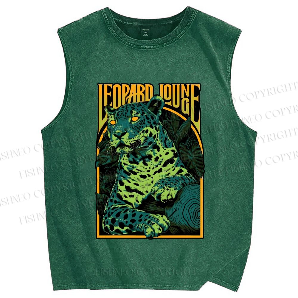 Unisex Green Panther Printed Washed Tank Top