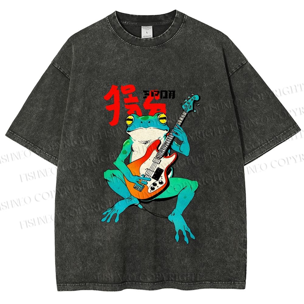 Unisex Vintage Japanese Frog Printed Washed Tee