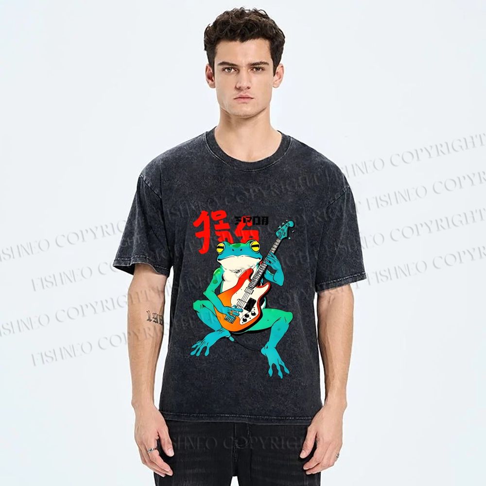 Unisex Vintage Japanese Frog Printed Washed Tee