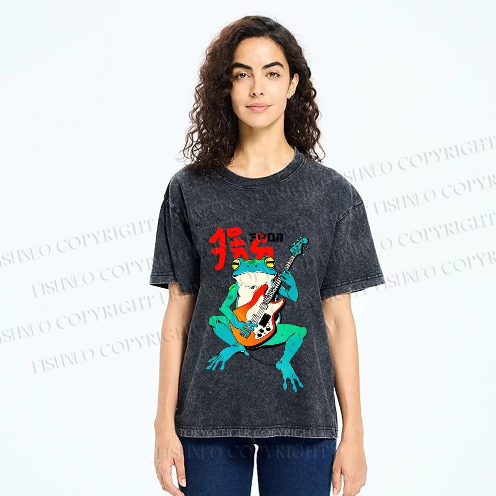 Unisex Vintage Japanese Frog Printed Washed Tee