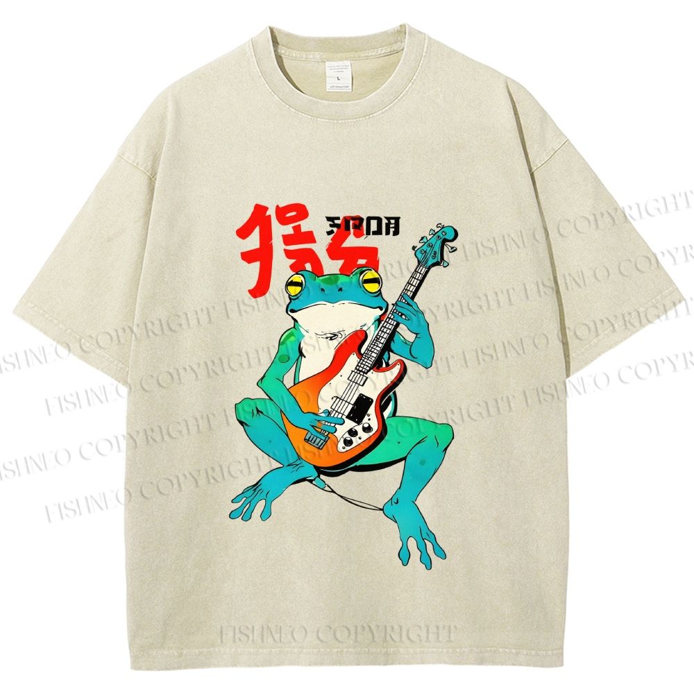 Unisex Vintage Japanese Frog Printed Washed Tee