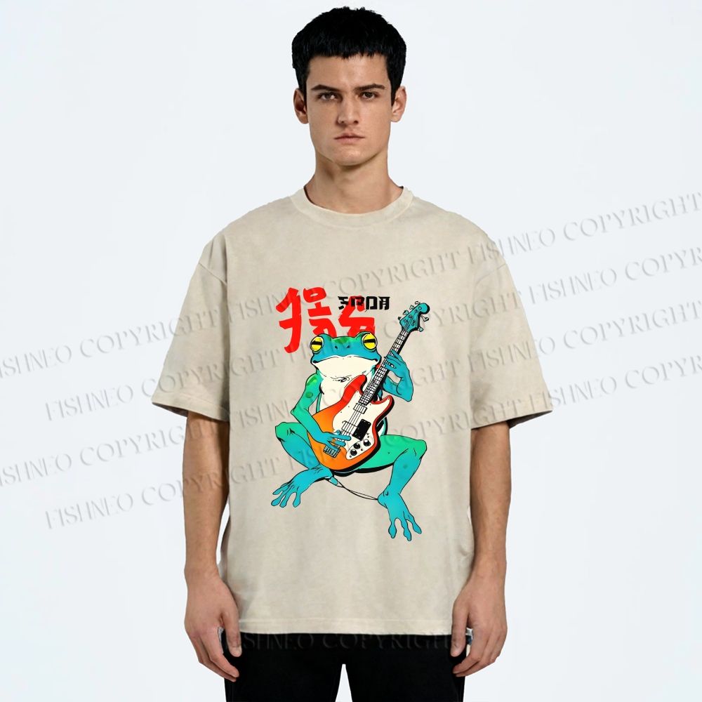 Unisex Vintage Japanese Frog Printed Washed Tee