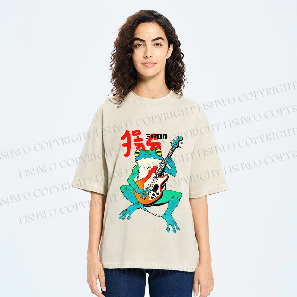 Unisex Vintage Japanese Frog Printed Washed Tee