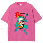 Unisex Vintage Japanese Frog Printed Washed Tee