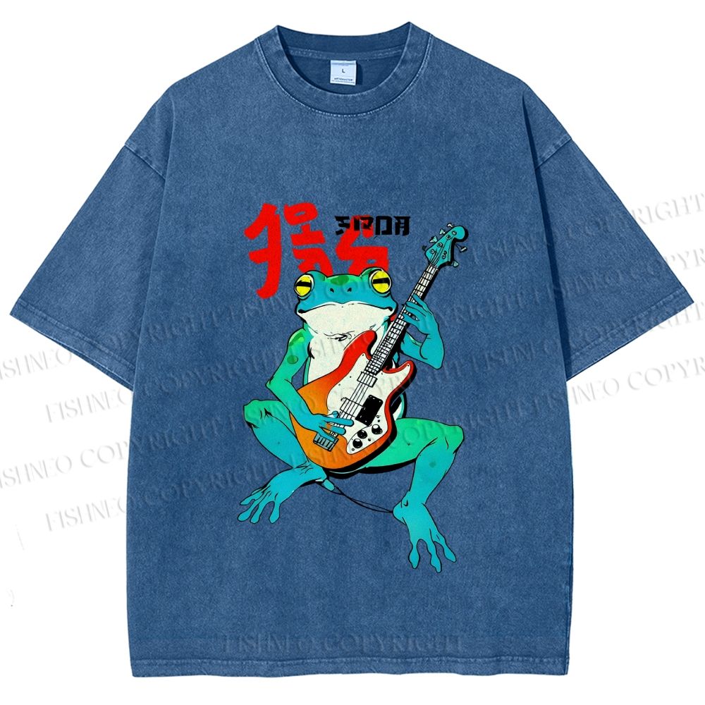 Unisex Vintage Japanese Frog Printed Washed Tee