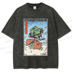 Unisex Vintage Japanese Samurai Frog Printed Washed Tee