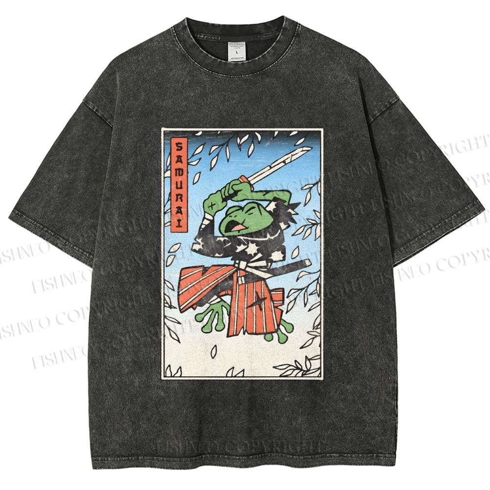 Unisex Vintage Japanese Samurai Frog Printed Washed Tee