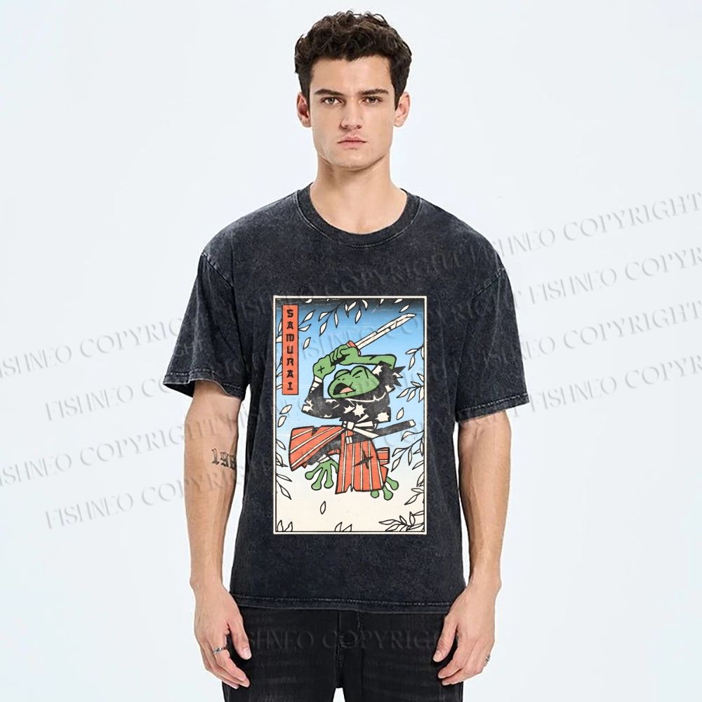 Unisex Vintage Japanese Samurai Frog Printed Washed Tee
