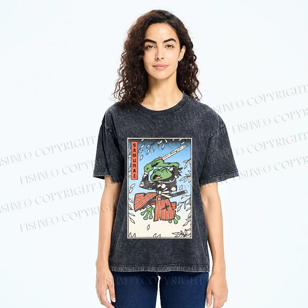 Unisex Vintage Japanese Samurai Frog Printed Washed Tee
