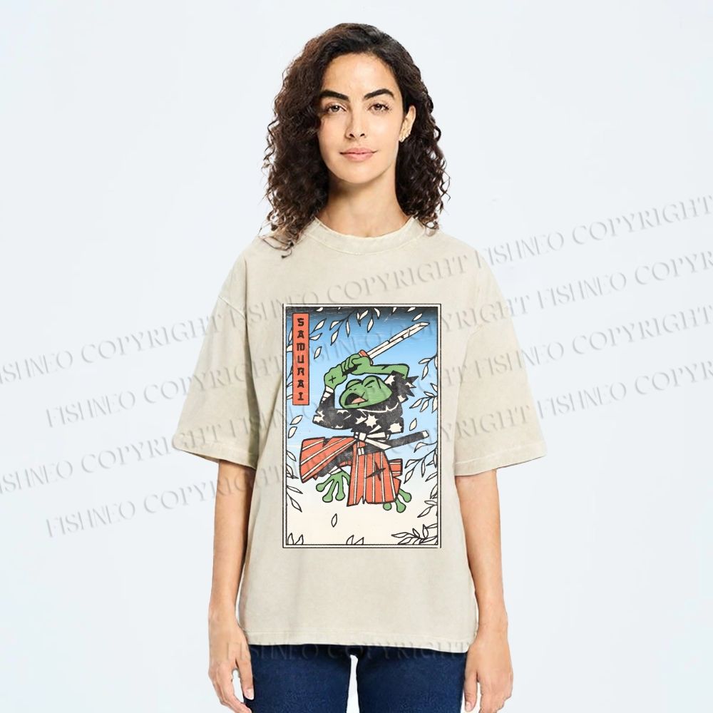 Unisex Vintage Japanese Samurai Frog Printed Washed Tee