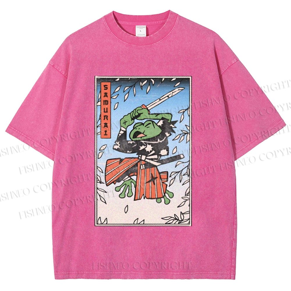 Unisex Vintage Japanese Samurai Frog Printed Washed Tee