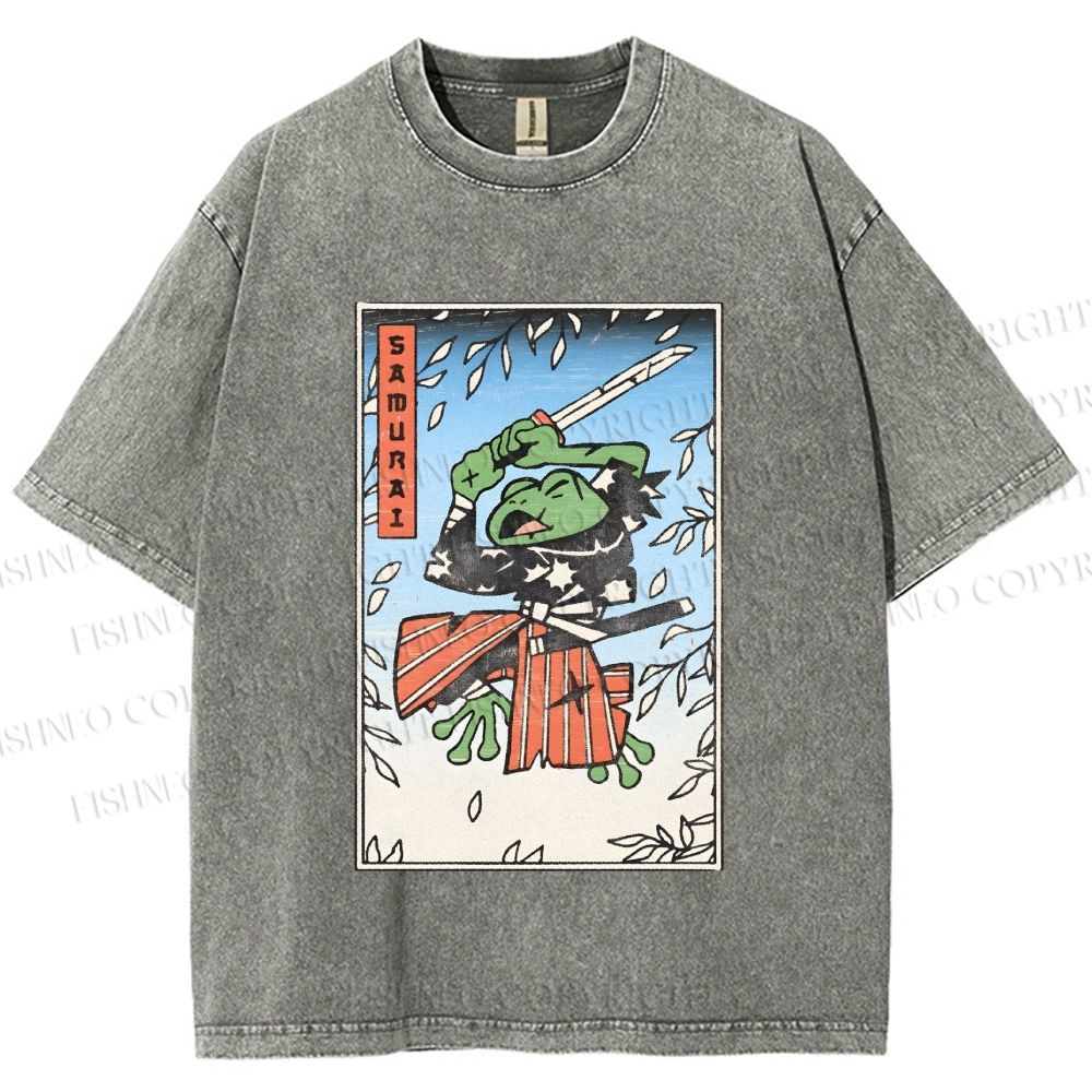 Unisex Vintage Japanese Samurai Frog Printed Washed Tee