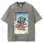 Unisex Vintage Japanese Samurai Frog Printed Washed Tee