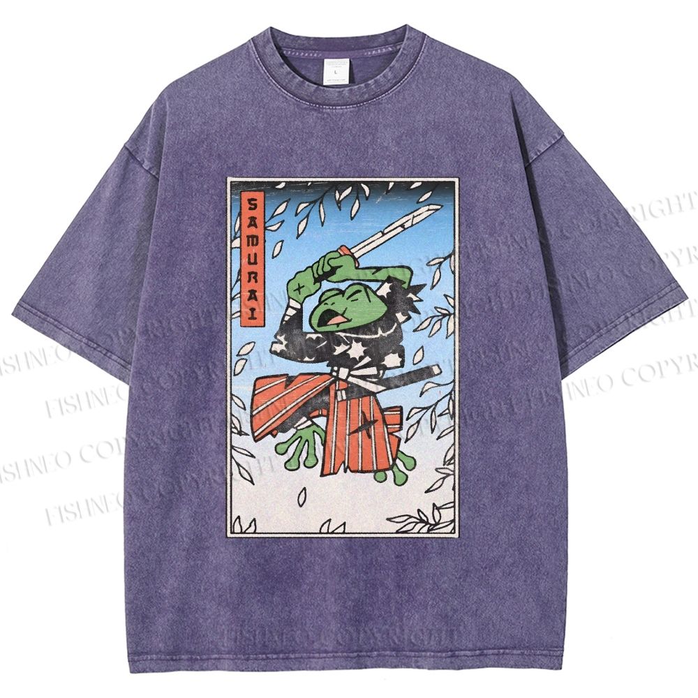 Unisex Vintage Japanese Samurai Frog Printed Washed Tee