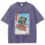 Unisex Vintage Japanese Samurai Frog Printed Washed Tee