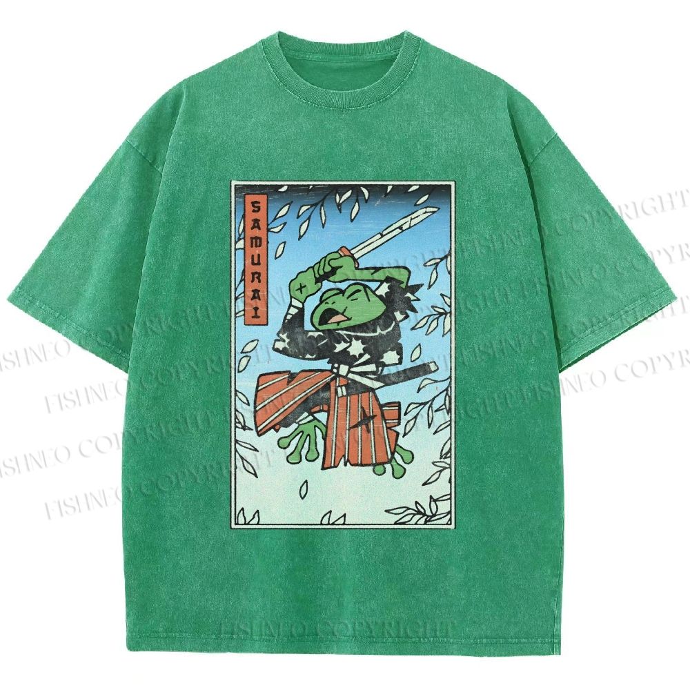 Unisex Vintage Japanese Samurai Frog Printed Washed Tee