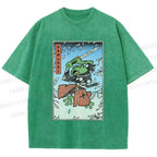 Unisex Vintage Japanese Samurai Frog Printed Washed Tee