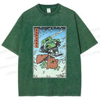 Unisex Vintage Japanese Samurai Frog Printed Washed Tee