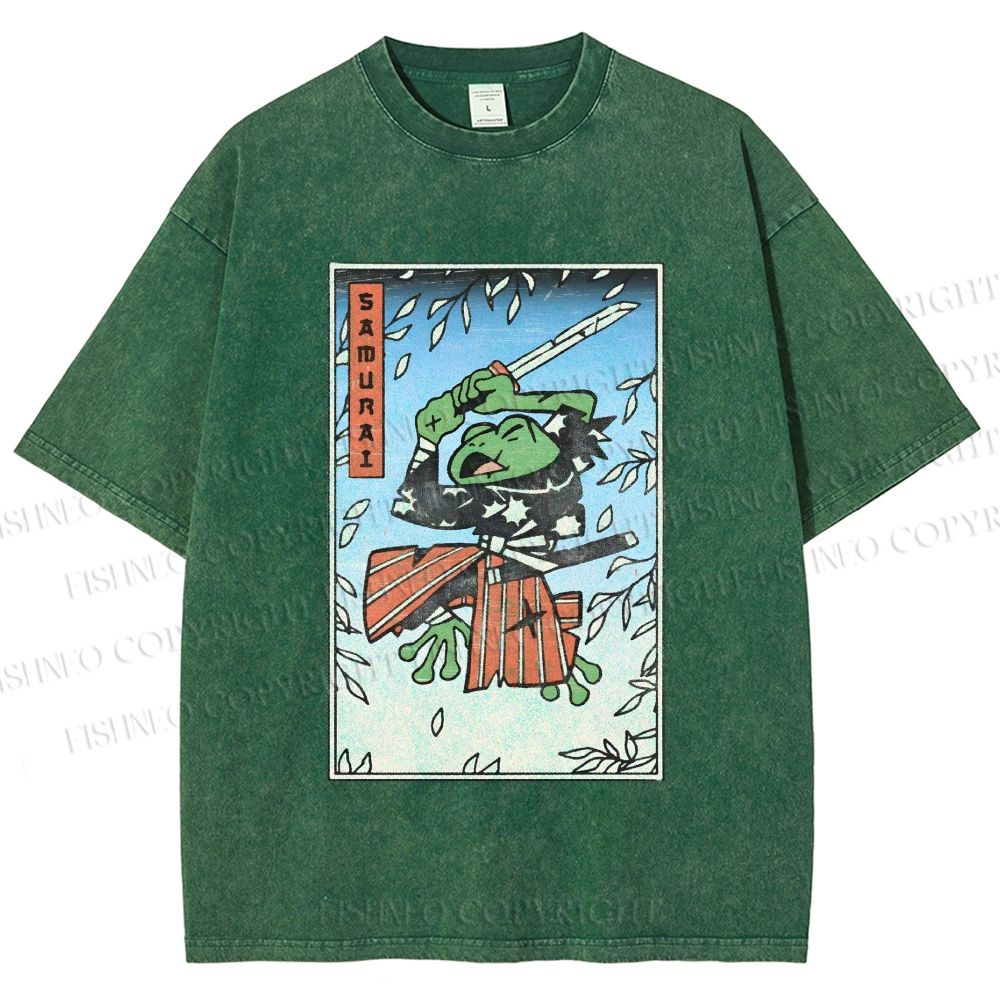 Unisex Vintage Japanese Samurai Frog Printed Washed Tee