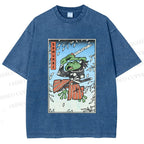 Unisex Vintage Japanese Samurai Frog Printed Washed Tee