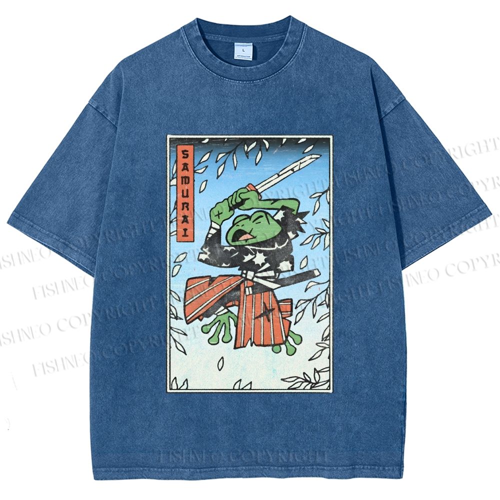 Unisex Vintage Japanese Samurai Frog Printed Washed Tee