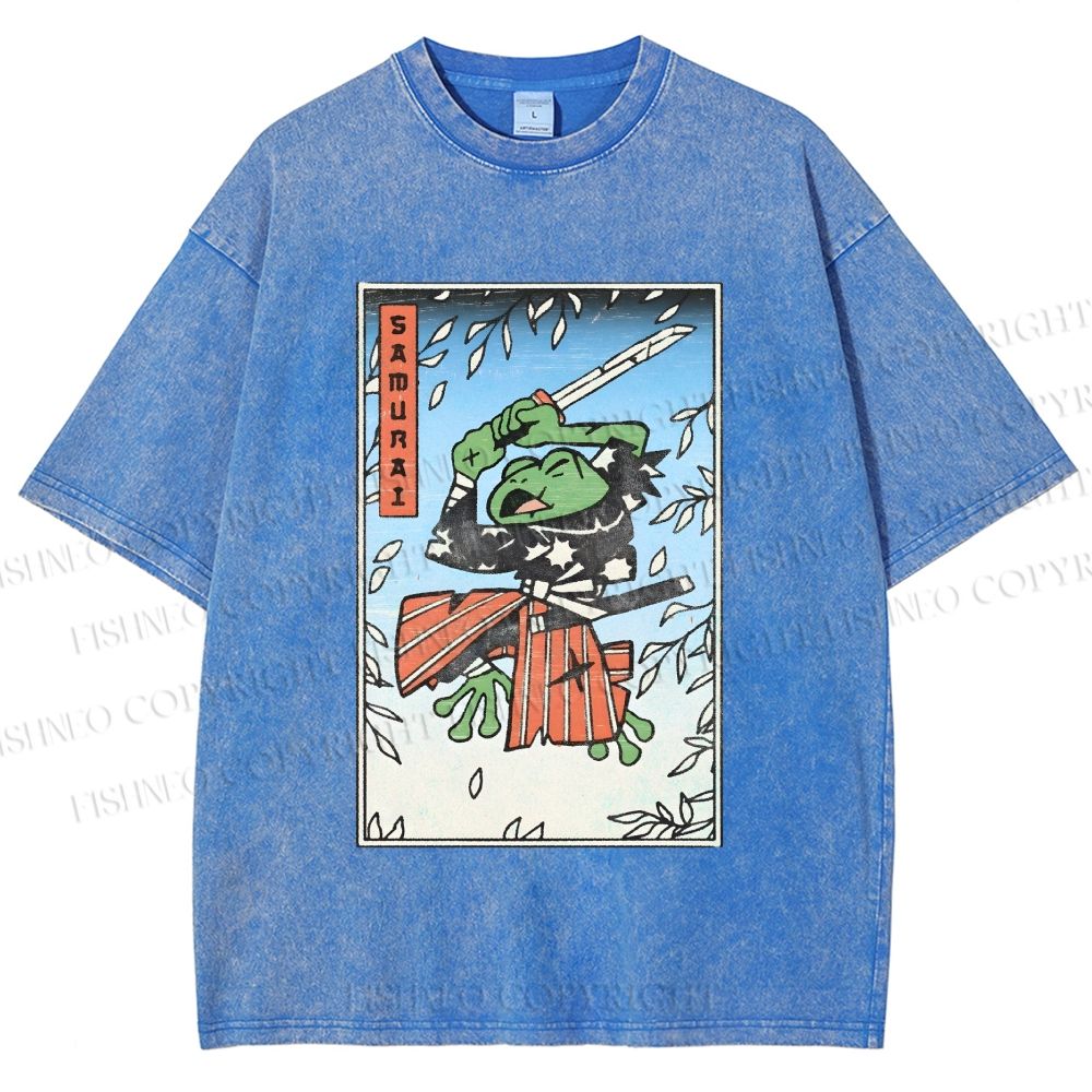 Unisex Vintage Japanese Samurai Frog Printed Washed Tee